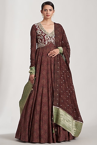 Maroon Printed Anarkali Set by Soniya G