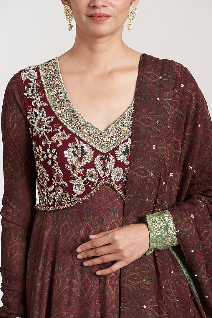 Maroon Printed Wedding Anarkali Set by Soniya G at Pernia's Pop Up Shop