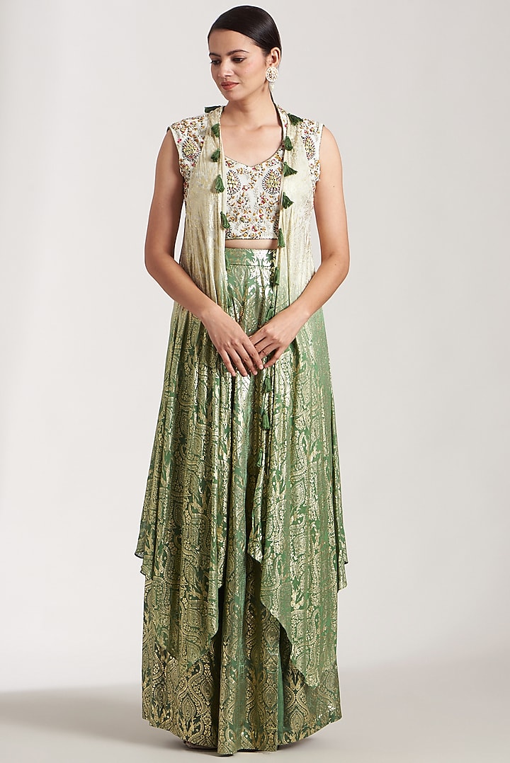 Olive Green Foil Printed Sharara Set by Soniya G at Pernia's Pop Up Shop