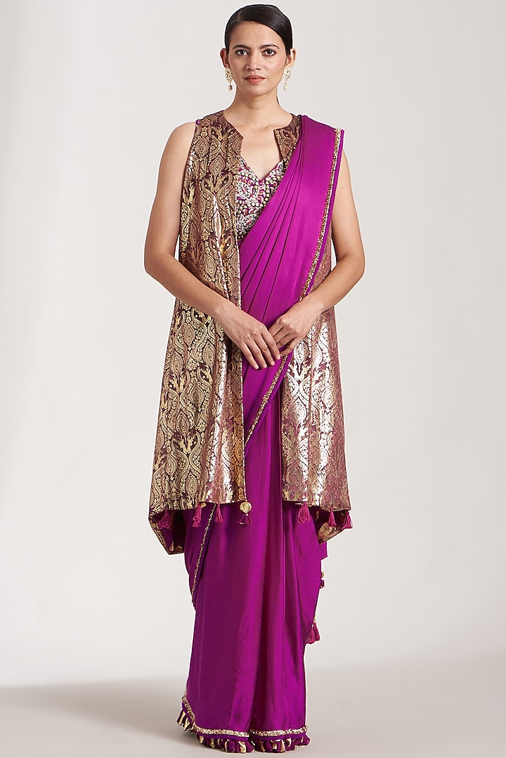 Fuchsia Pure Silk Blend Draped Saree Set by Soniya G