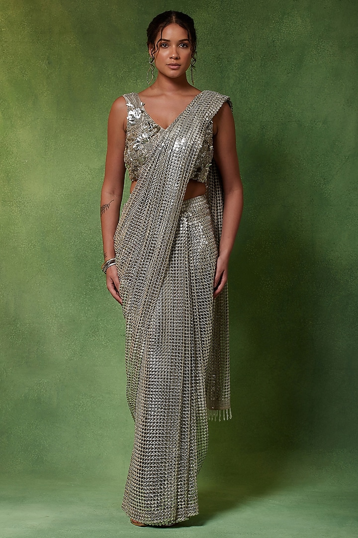 Silver Metallic Fabric Embroidered Wedding Saree Set by Soniya G at Pernia's Pop Up Shop