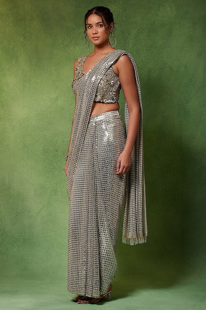 Silver Metallic Fabric Embroidered Wedding Saree Set by Soniya G at Pernia's Pop Up Shop