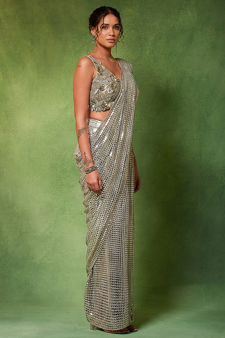 Silver Metallic Fabric Embroidered Wedding Saree Set by Soniya G at Pernia's Pop Up Shop