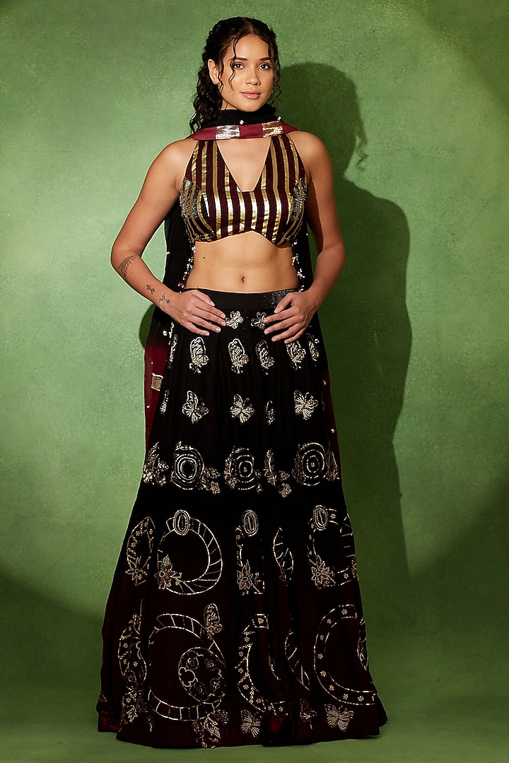 Wine & Black Organza Metallic Embroidered Wedding Lehenga Set by Soniya G at Pernia's Pop Up Shop