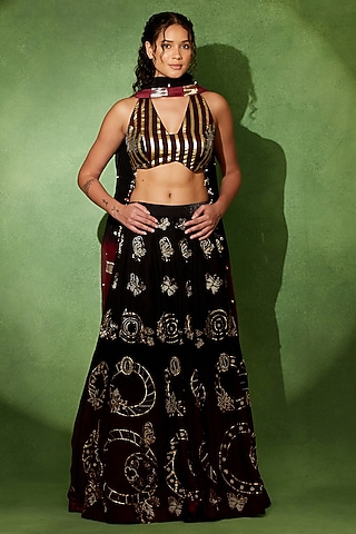 Wine & Black Organza Metallic Embroidered Lehenga Set by Soniya G
