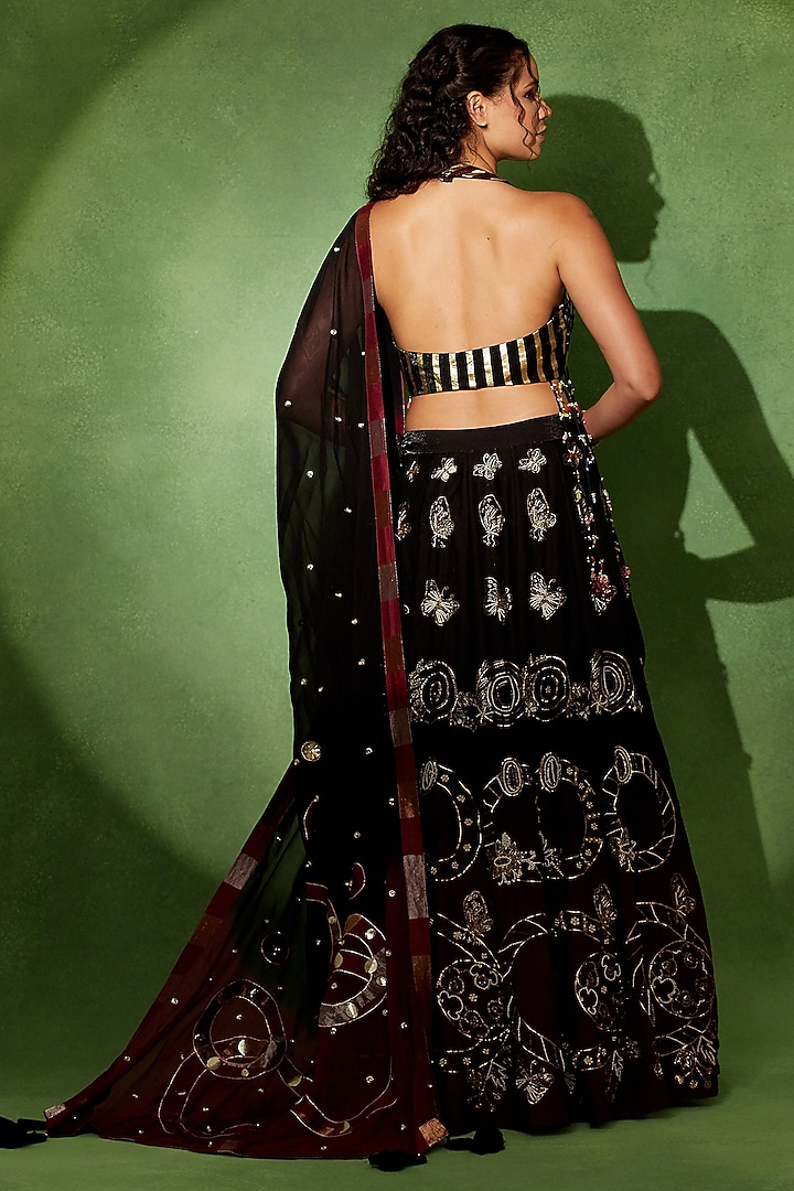 Wine & Black Organza Metallic Embroidered Wedding Lehenga Set by Soniya G at Pernia's Pop Up Shop