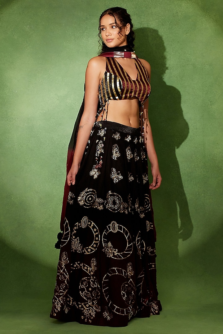 Wine & Black Organza Metallic Embroidered Wedding Lehenga Set by Soniya G at Pernia's Pop Up Shop