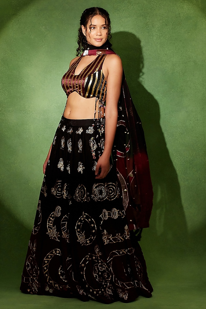 Wine & Black Organza Metallic Embroidered Wedding Lehenga Set by Soniya G at Pernia's Pop Up Shop