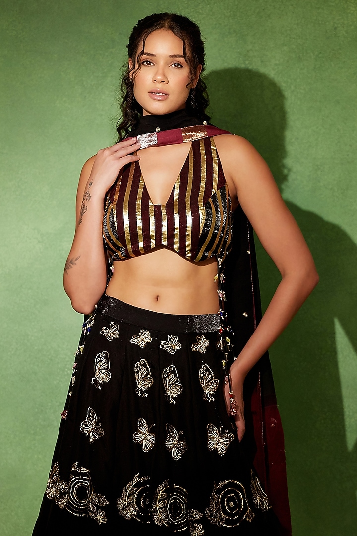 Wine & Black Organza Metallic Embroidered Wedding Lehenga Set by Soniya G at Pernia's Pop Up Shop