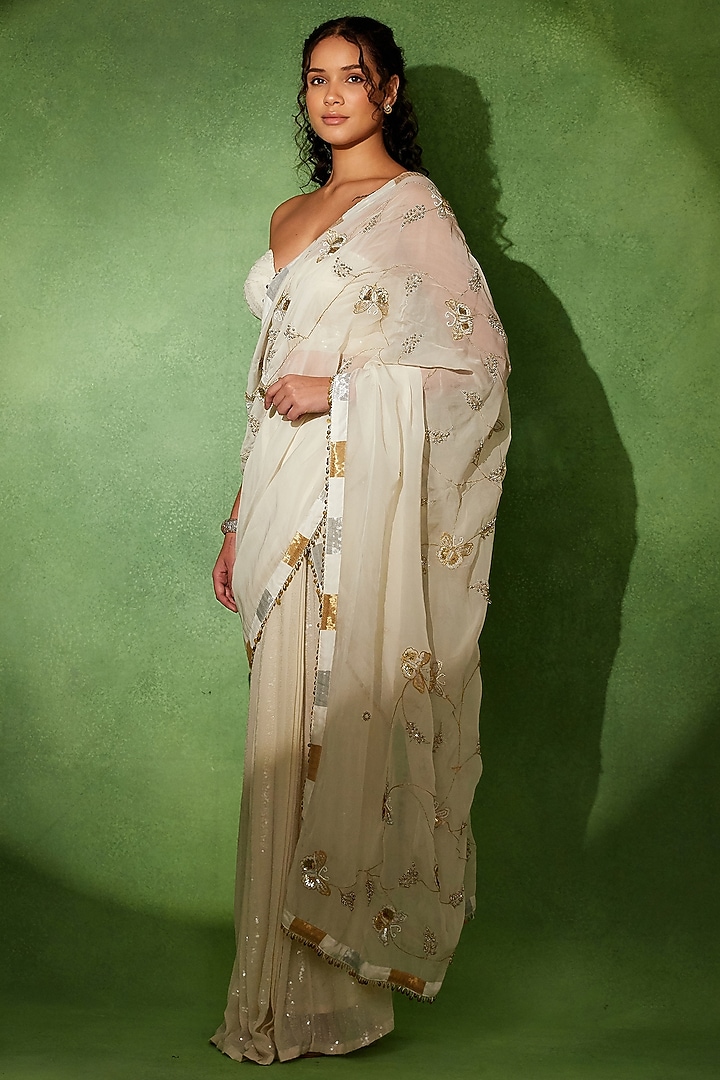 Ivory Georgette Embroidered Wedding Saree Set by Soniya G at Pernia's Pop Up Shop