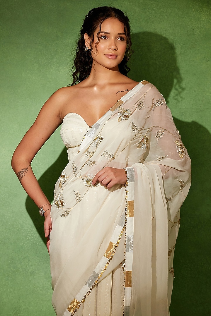 Ivory Georgette Embroidered Wedding Saree Set by Soniya G at Pernia's Pop Up Shop