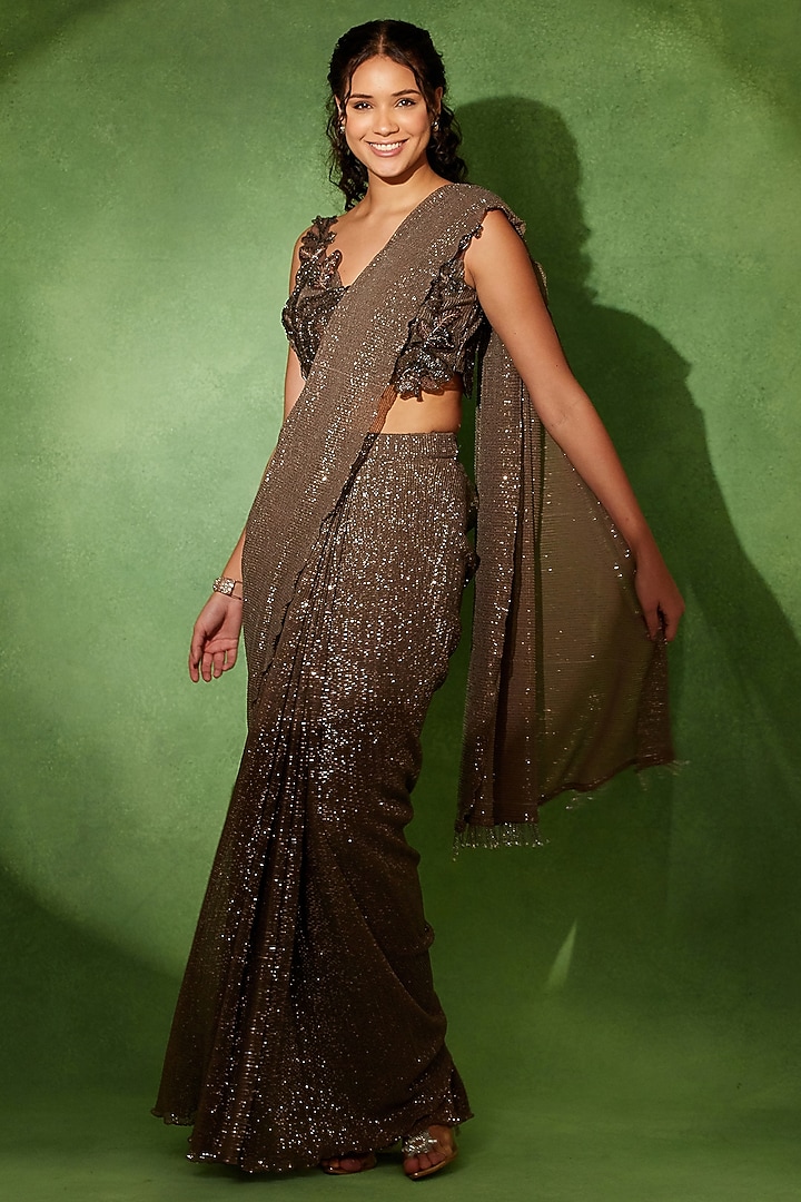 Brown Sequins Embroidered Wedding Saree Set by Soniya G at Pernia's Pop Up Shop
