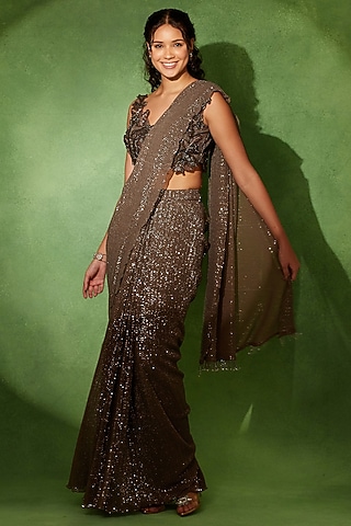 Brown Sequins Embroidered Saree Set by Soniya G