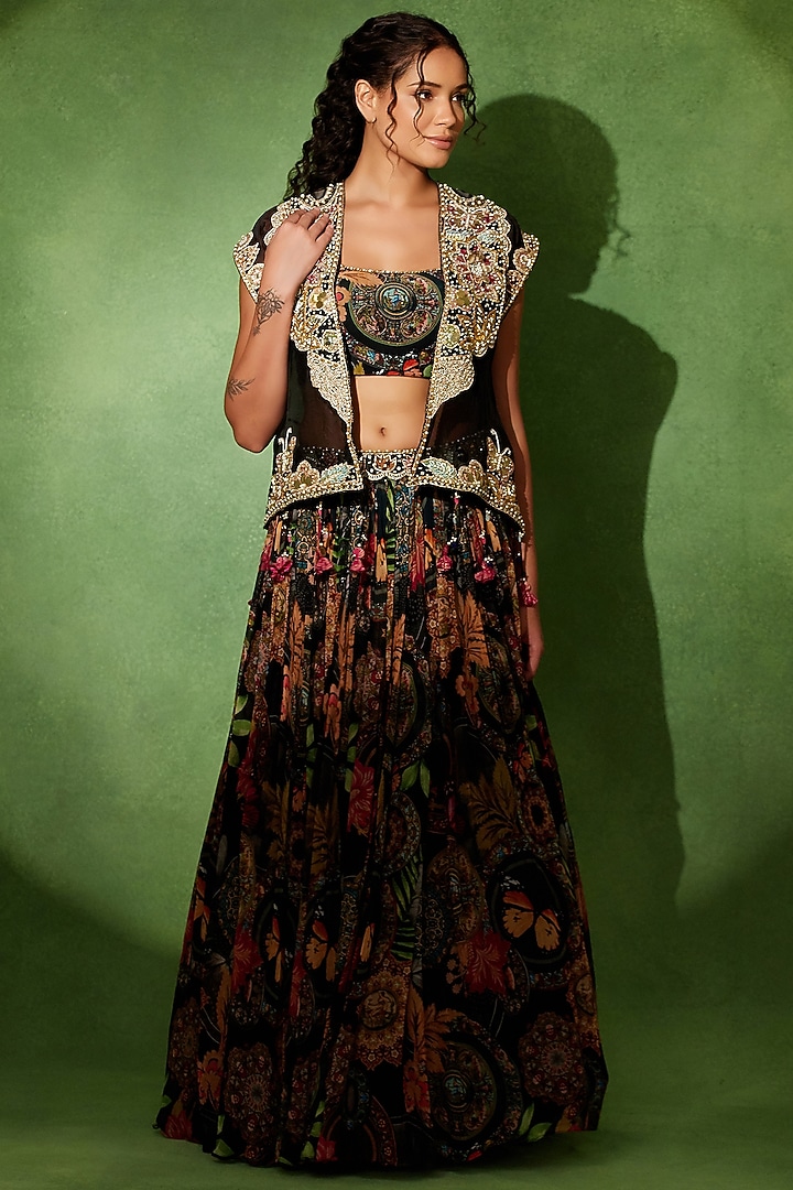 Black Organza Floral Printed Wedding Lehenga Set by Soniya G at Pernia's Pop Up Shop