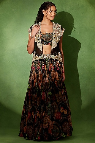 Black Organza Floral Printed Lehenga Set by Soniya G