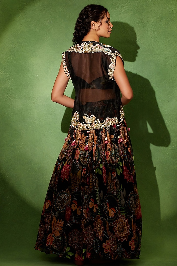 Black Organza Floral Printed Wedding Lehenga Set by Soniya G at Pernia's Pop Up Shop