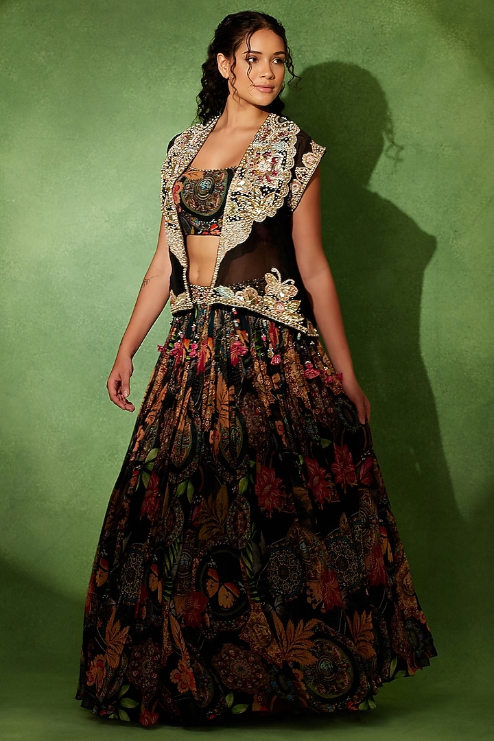 Black Organza Floral Printed Wedding Lehenga Set by Soniya G at Pernia's Pop Up Shop