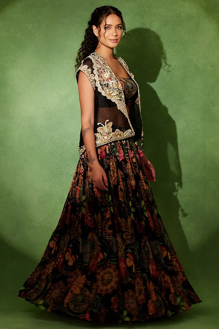 Black Organza Floral Printed Wedding Lehenga Set by Soniya G at Pernia's Pop Up Shop