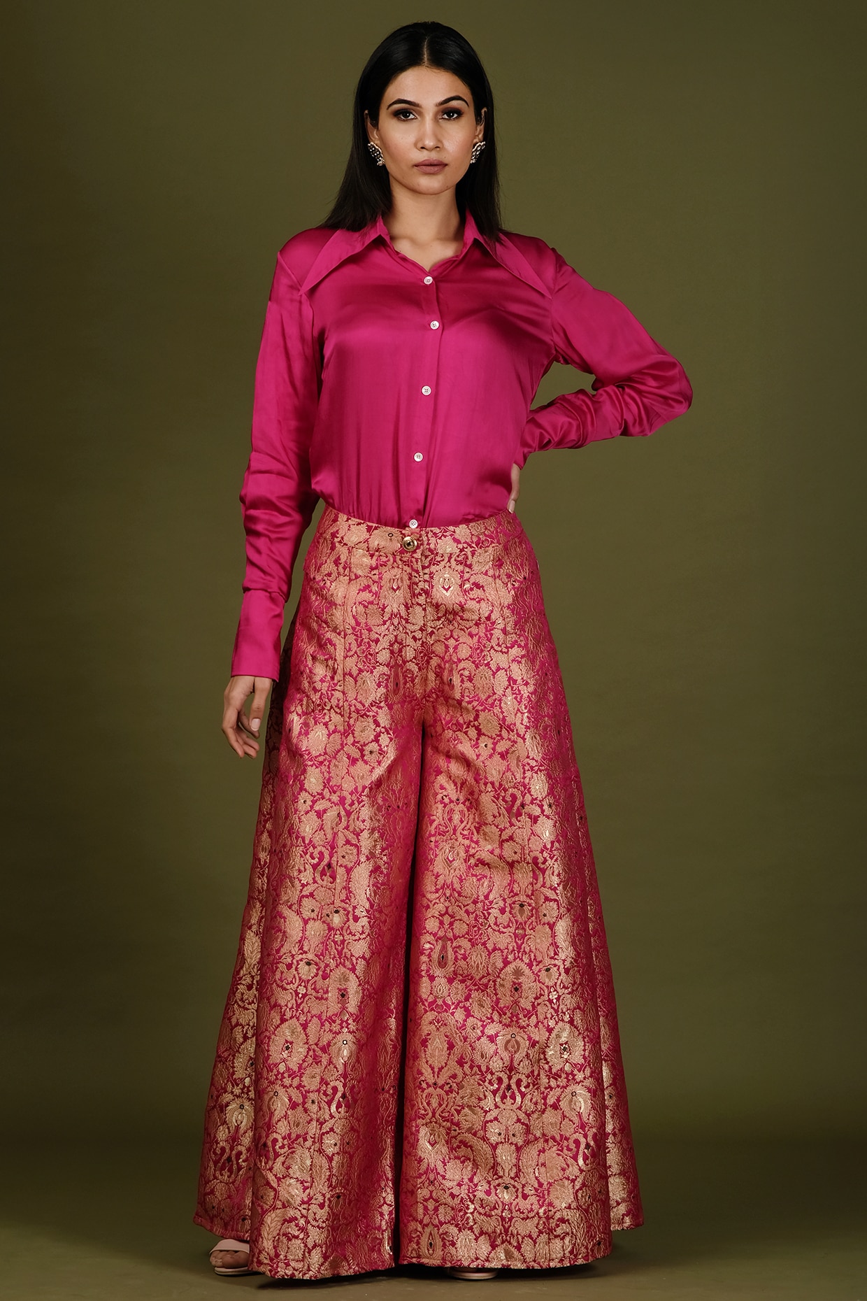 Pink Brocade Kurta with Pants and Chanderi Dupatta  Set of 3  Tulsi Online