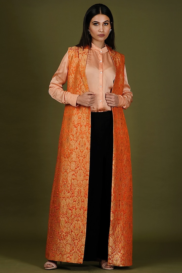 Orange Brocade Silk Jacket Set by Soniya G