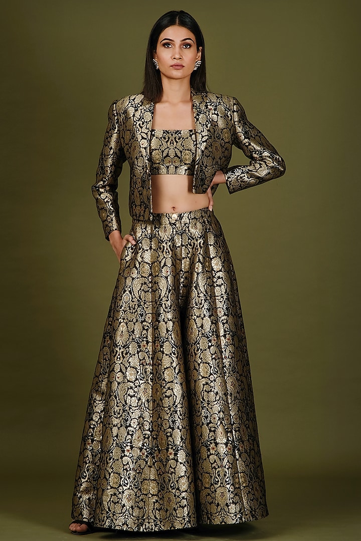 Black & Gold Brocade Silk Jacket Lehenga Set by Soniya G