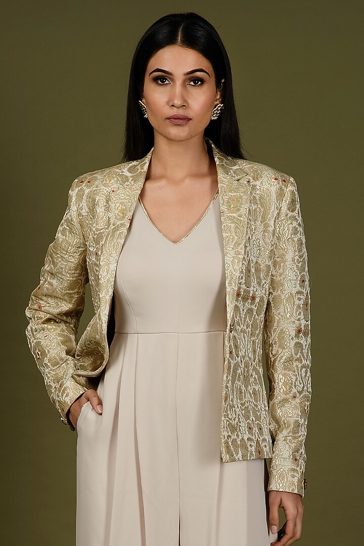 Cream Brocade Silk Jumpsuit by Soniya G at Pernia's Pop Up Shop