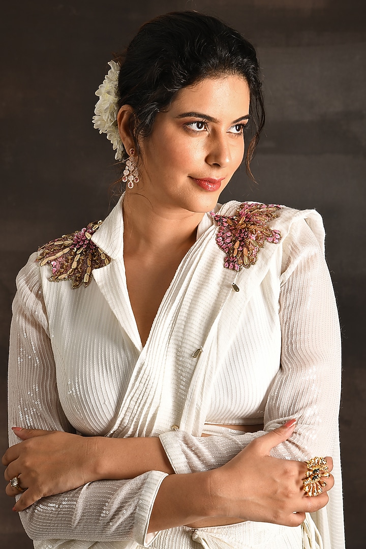 Ivory Sequins Embroidered Wedding Lehenga Saree Set by Soniya G at Pernia's Pop Up Shop