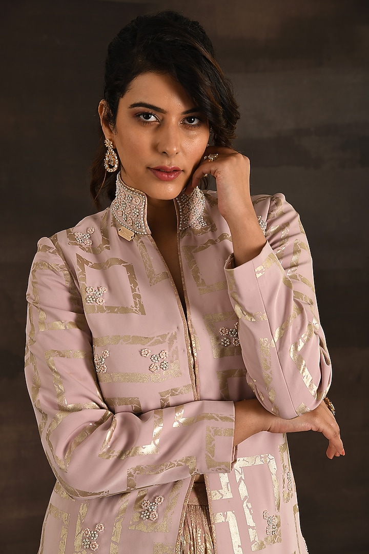 Nude Pink Italian Silk Crepe Foil Printed Co-Ord Set by Soniya G at Pernia's Pop Up Shop