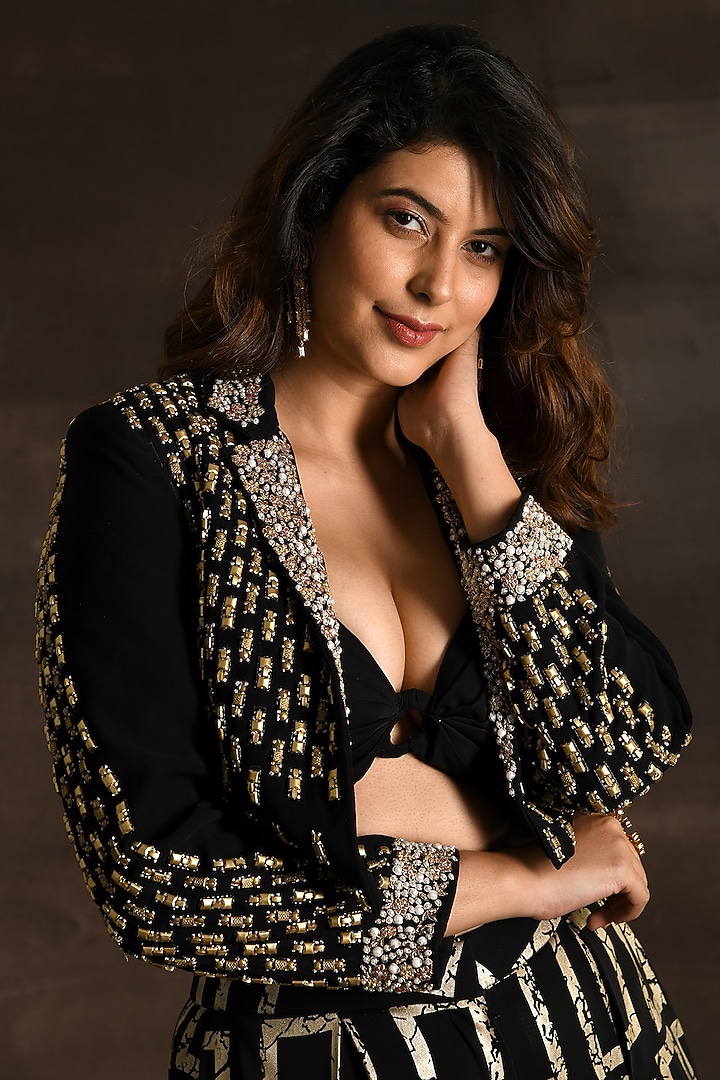Black Italian Silk Crepe Embroidered Jacket Set by Soniya G at Pernia's Pop Up Shop