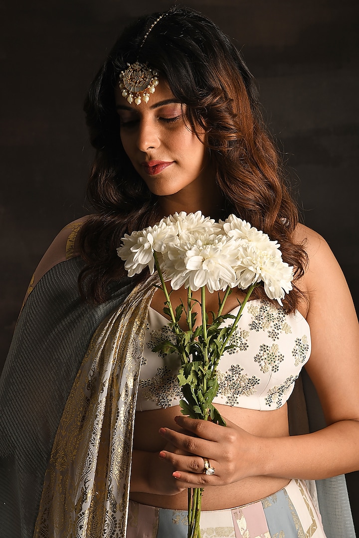 Multi-Colored Italian Silk Crepe Foil Printed Wedding Lehenga Set by Soniya G at Pernia's Pop Up Shop
