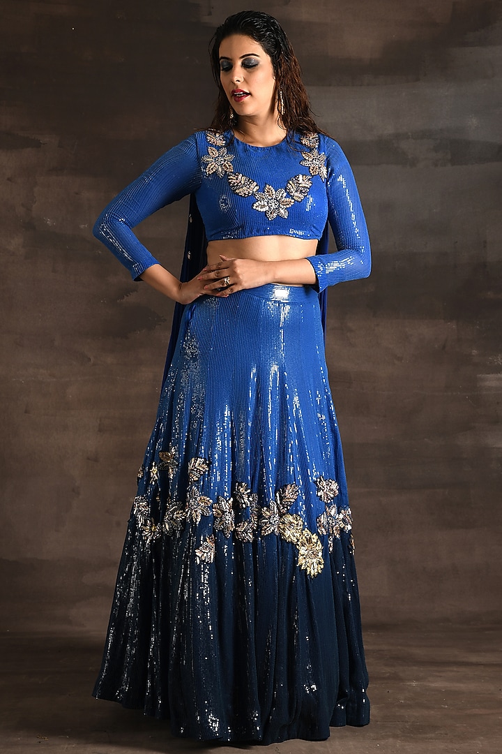 Blue Ombre Sequins 3D Floral Embroidered Lehenga Set by Soniya G