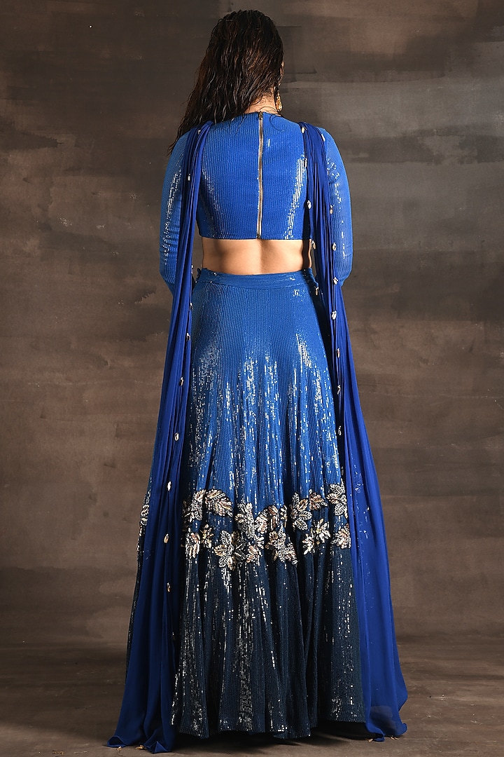 Blue Ombre Sequins 3D Floral Embroidered Wedding Lehenga Set by Soniya G at Pernia's Pop Up Shop