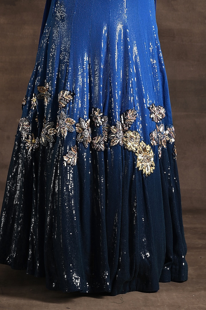 Blue Ombre Sequins 3D Floral Embroidered Wedding Lehenga Set by Soniya G at Pernia's Pop Up Shop
