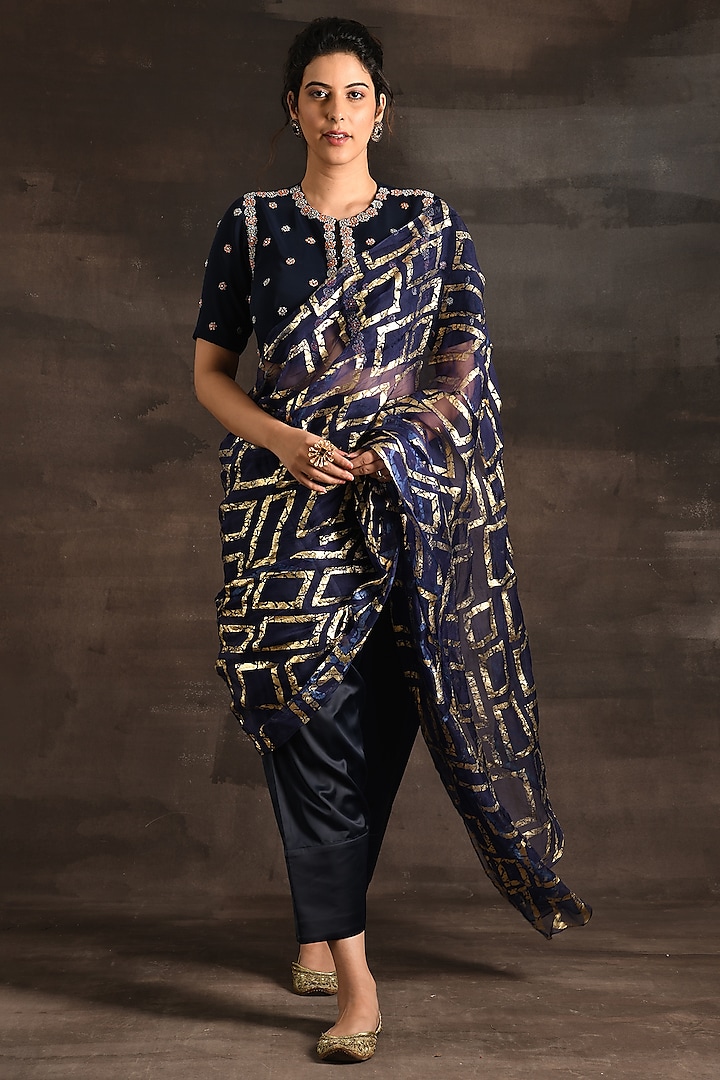 Royal Blue Satin & Italian Silk Crepe Dhoti Saree Set by Soniya G