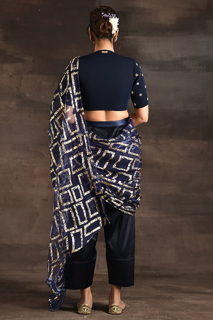 Royal Blue Satin & Italian Silk Crepe Dhoti Party Wear Saree Set by Soniya G at Pernia's Pop Up Shop