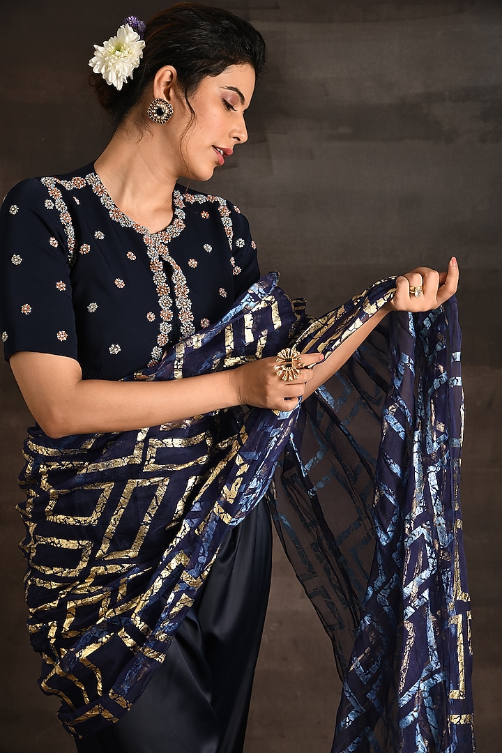 Royal Blue Satin & Italian Silk Crepe Dhoti Party Wear Saree Set by Soniya G at Pernia's Pop Up Shop