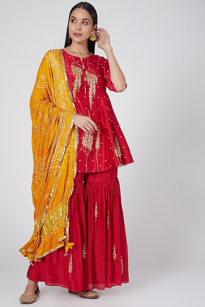 Red & Yellow Embroidered Sharara Set by SOZENKARI