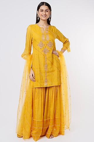 Yellow Chanderi Tissue Sharara Set by SOZENKARI