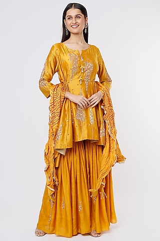 Mustard Silk Chanderi Embroidered Sharara Set by SOZENKARI