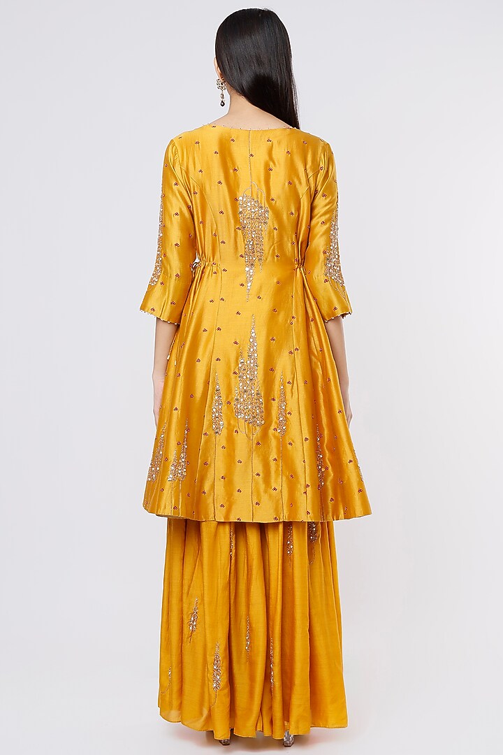 Mustard Silk Chanderi Embroidered Wedding Sharara Set by SOZENKARI at Pernia's Pop Up Shop
