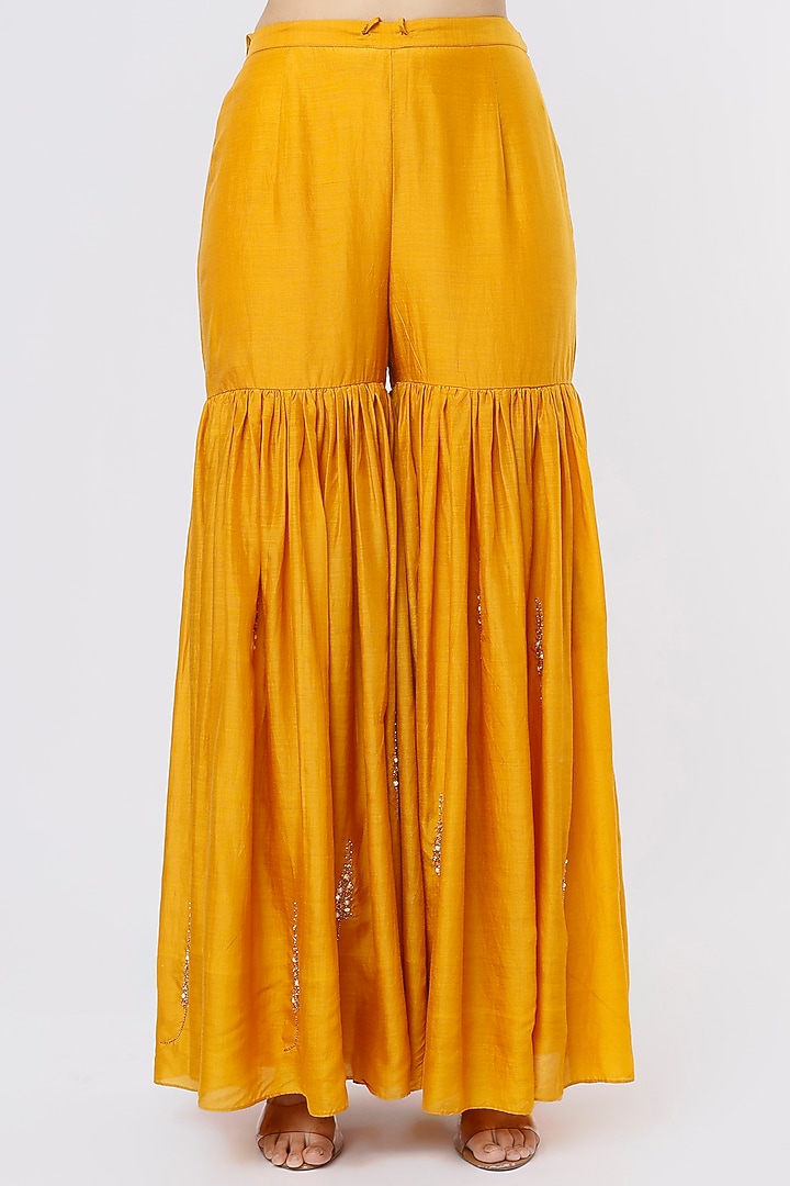 Mustard Silk Chanderi Embroidered Wedding Sharara Set by SOZENKARI at Pernia's Pop Up Shop