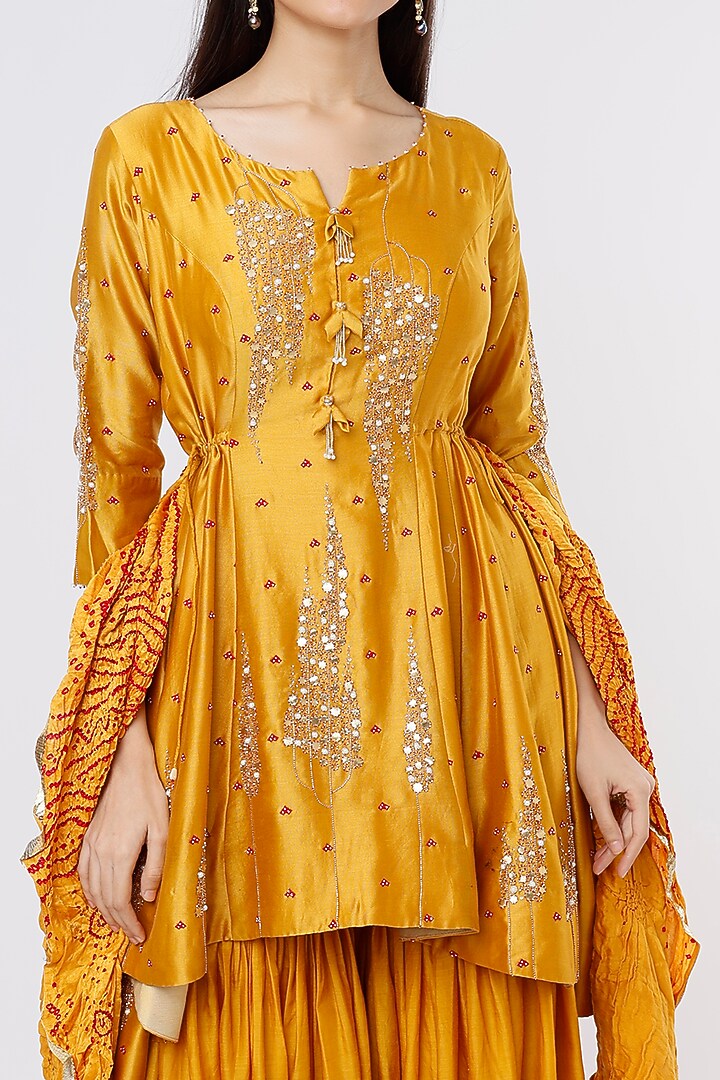 Mustard Silk Chanderi Embroidered Wedding Sharara Set by SOZENKARI at Pernia's Pop Up Shop