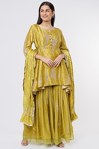 Light Green Silk Chanderi Sharara Set by SOZENKARI