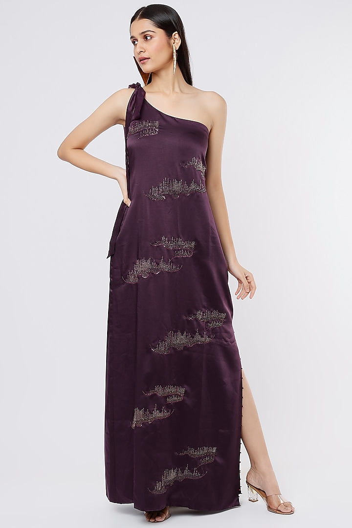 Violet Satin Embroidered Dress by SOZENKARI