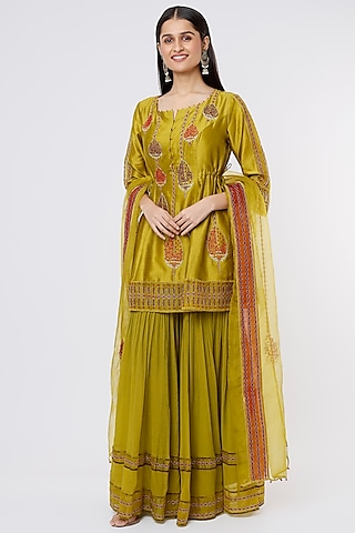 Moss Green Chanderi Embroidered Sharara Set by SOZENKARI