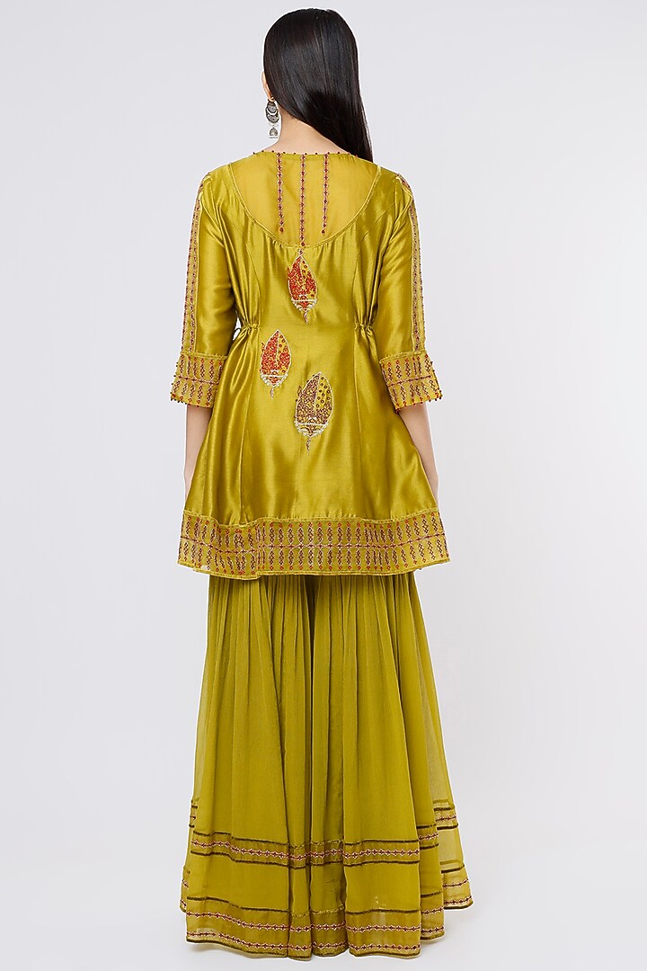 Moss Green Chanderi Embroidered Wedding Sharara Set by SOZENKARI at Pernia's Pop Up Shop