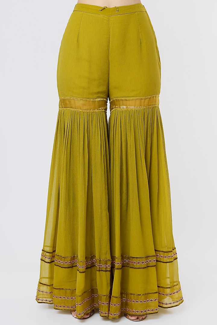 Moss Green Chanderi Embroidered Wedding Sharara Set by SOZENKARI at Pernia's Pop Up Shop