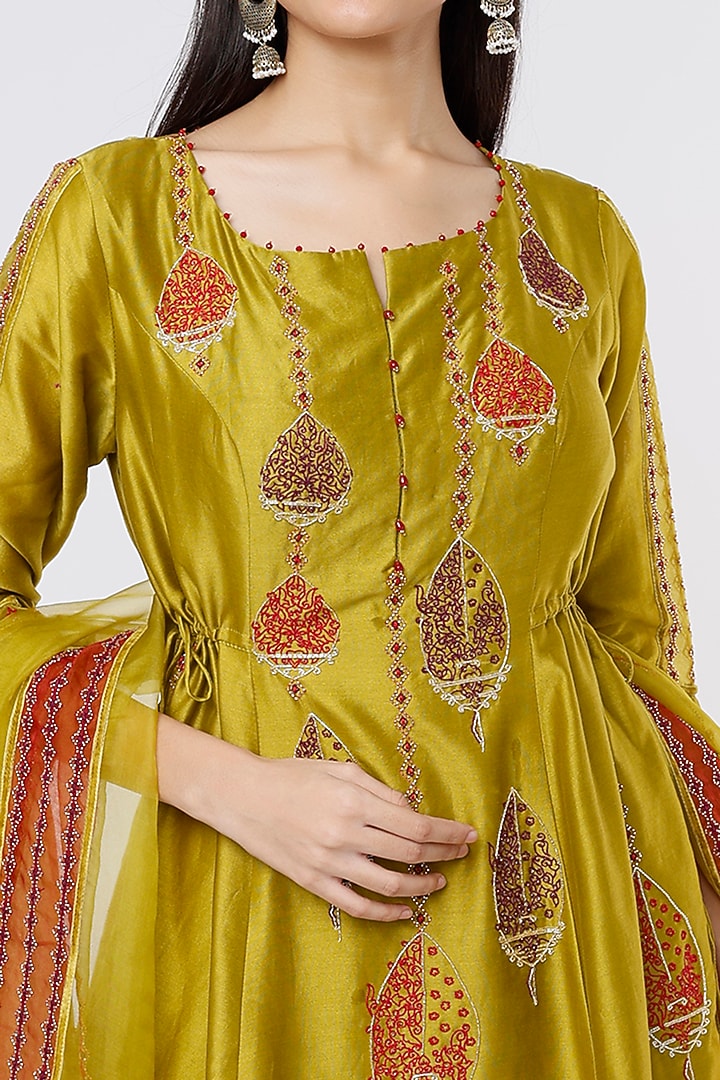 Moss Green Chanderi Embroidered Wedding Sharara Set by SOZENKARI at Pernia's Pop Up Shop