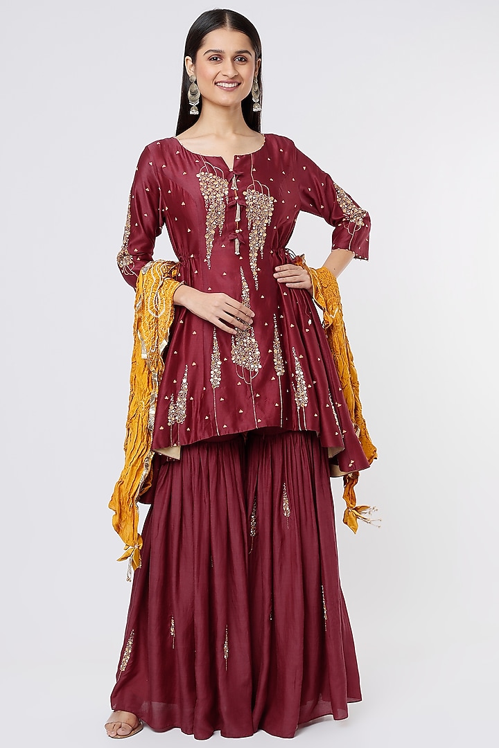 Auburn Colored Silk Chanderi Sharara Set by SOZENKARI