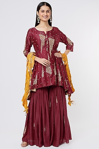 Auburn Colored Silk Chanderi Sharara Set by SOZENKARI